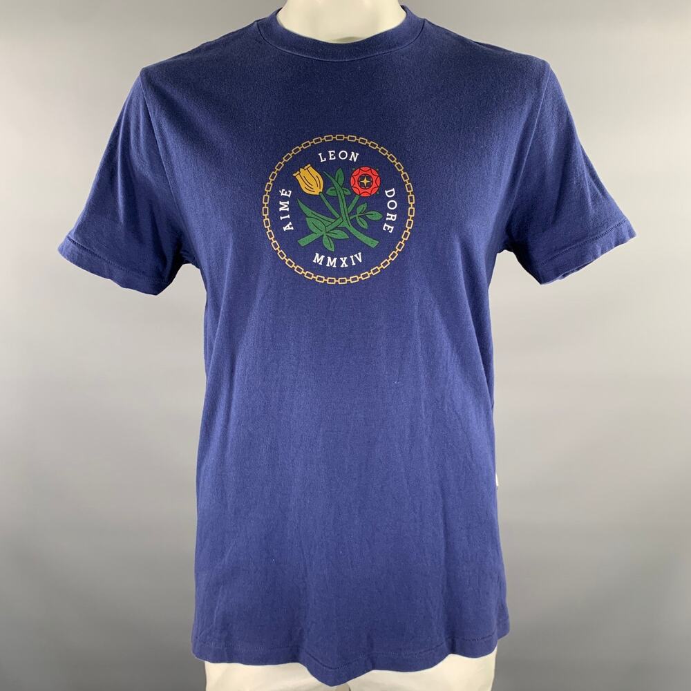 AIME LEON DORE Size L Navy Logo Cotton Crew-Neck T-shirt
